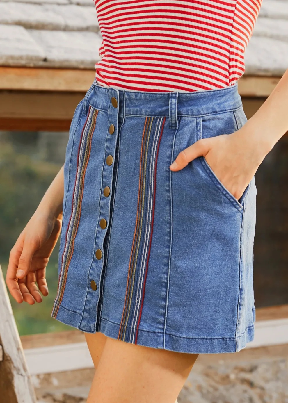 A Spring Fling Button Down A-Line Jean Skirt