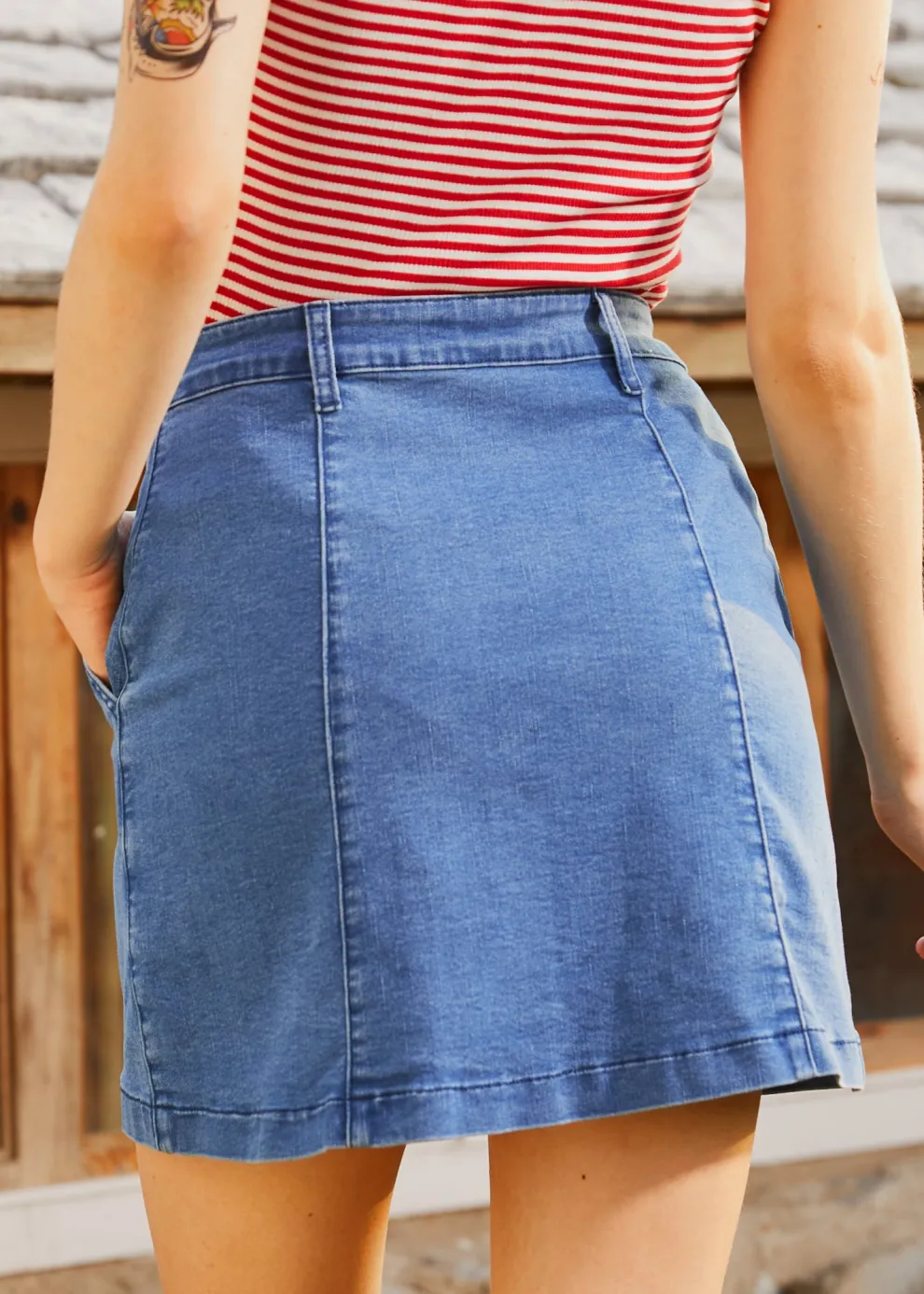 A Spring Fling Button Down A-Line Jean Skirt