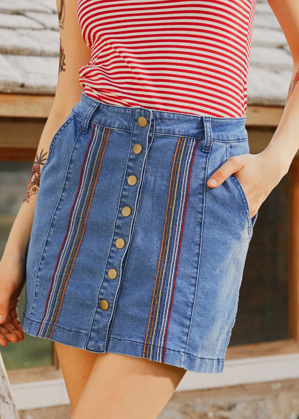 A Spring Fling Button Down A-Line Jean Skirt