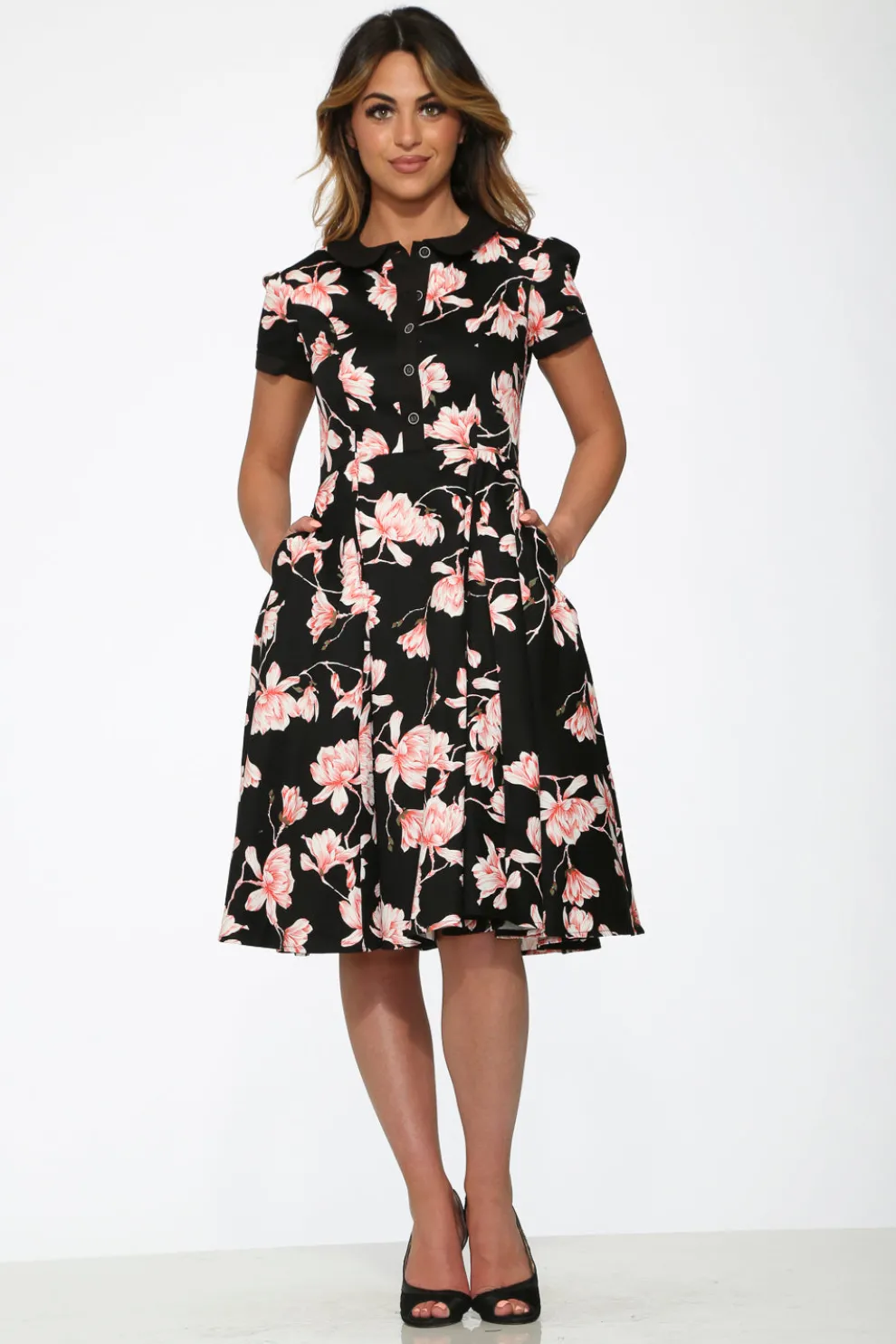 Black & Pink Floral Swing Dress