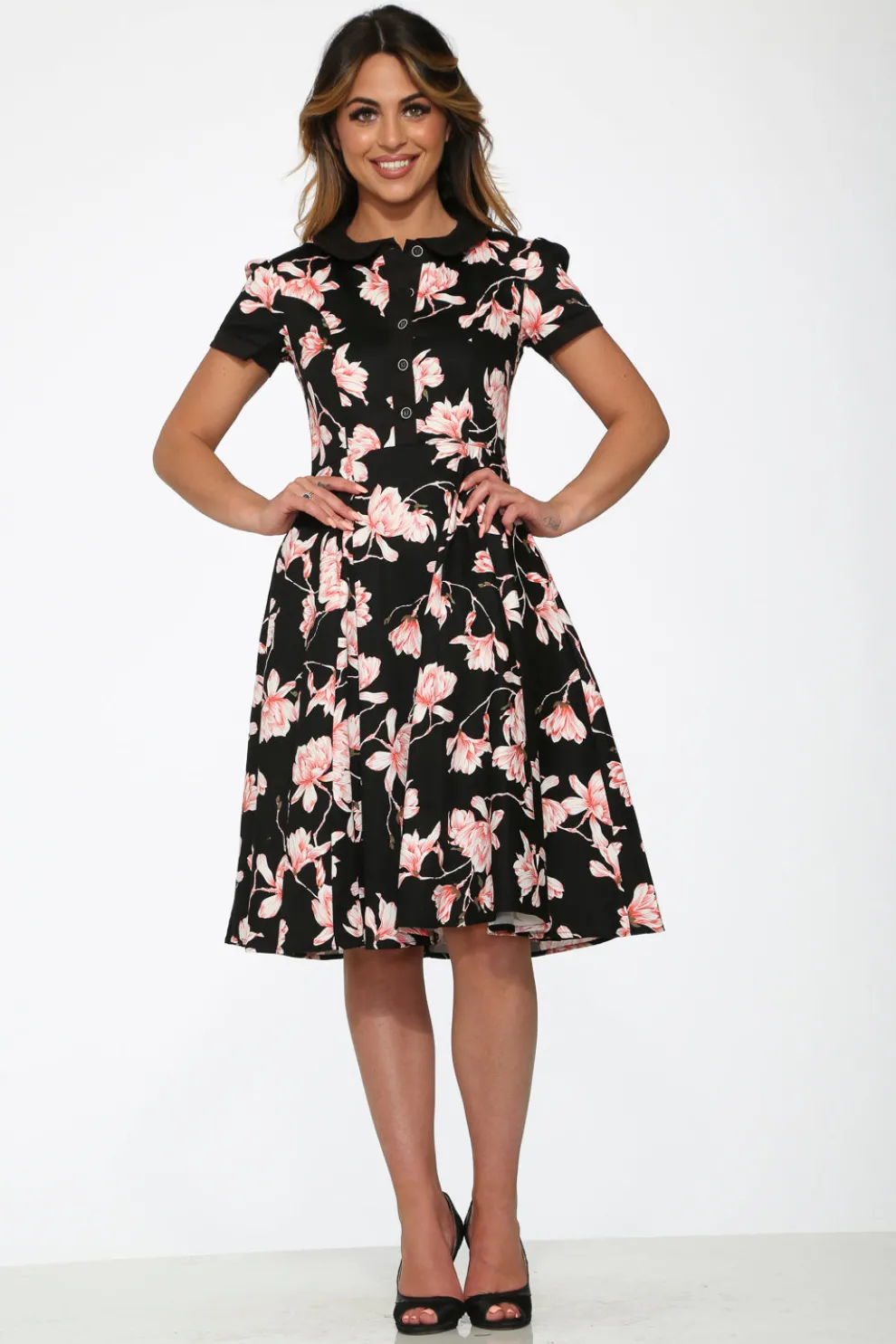 Black & Pink Floral Swing Dress