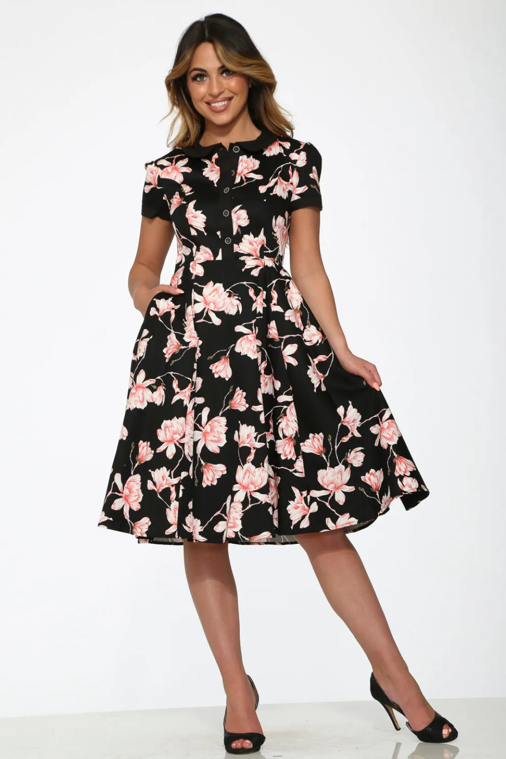 Black & Pink Floral Swing Dress