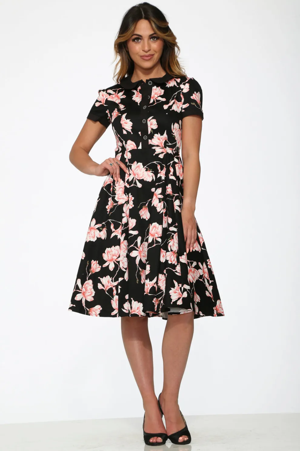 Black & Pink Floral Swing Dress