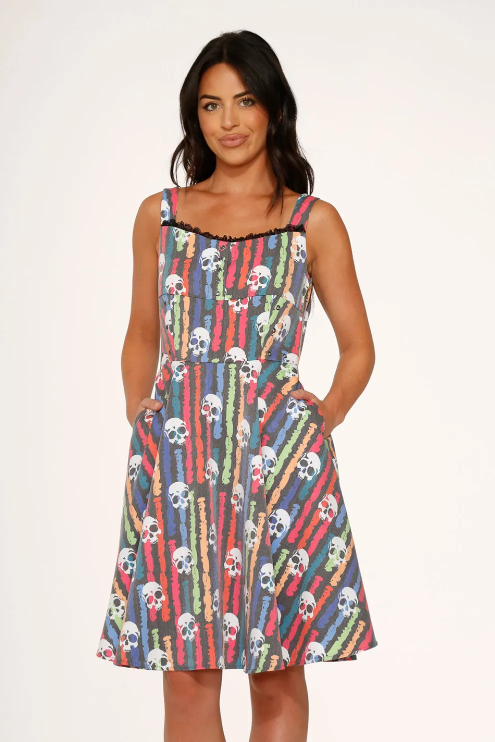 Black Skulls Rainbow Swing Dress