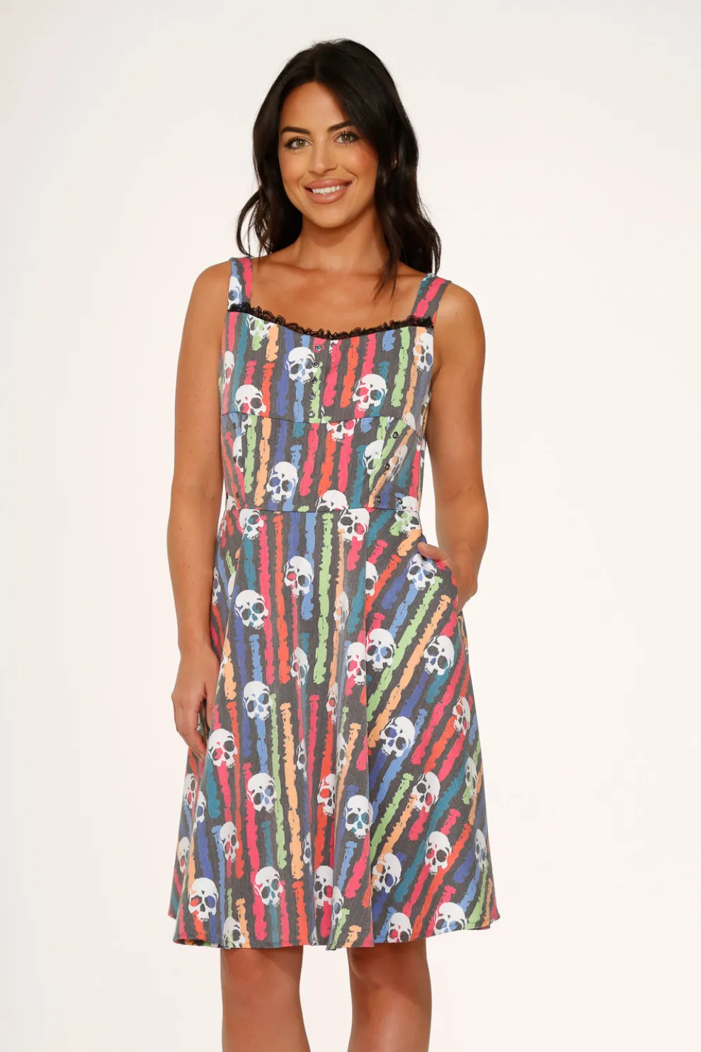 Black Skulls Rainbow Swing Dress