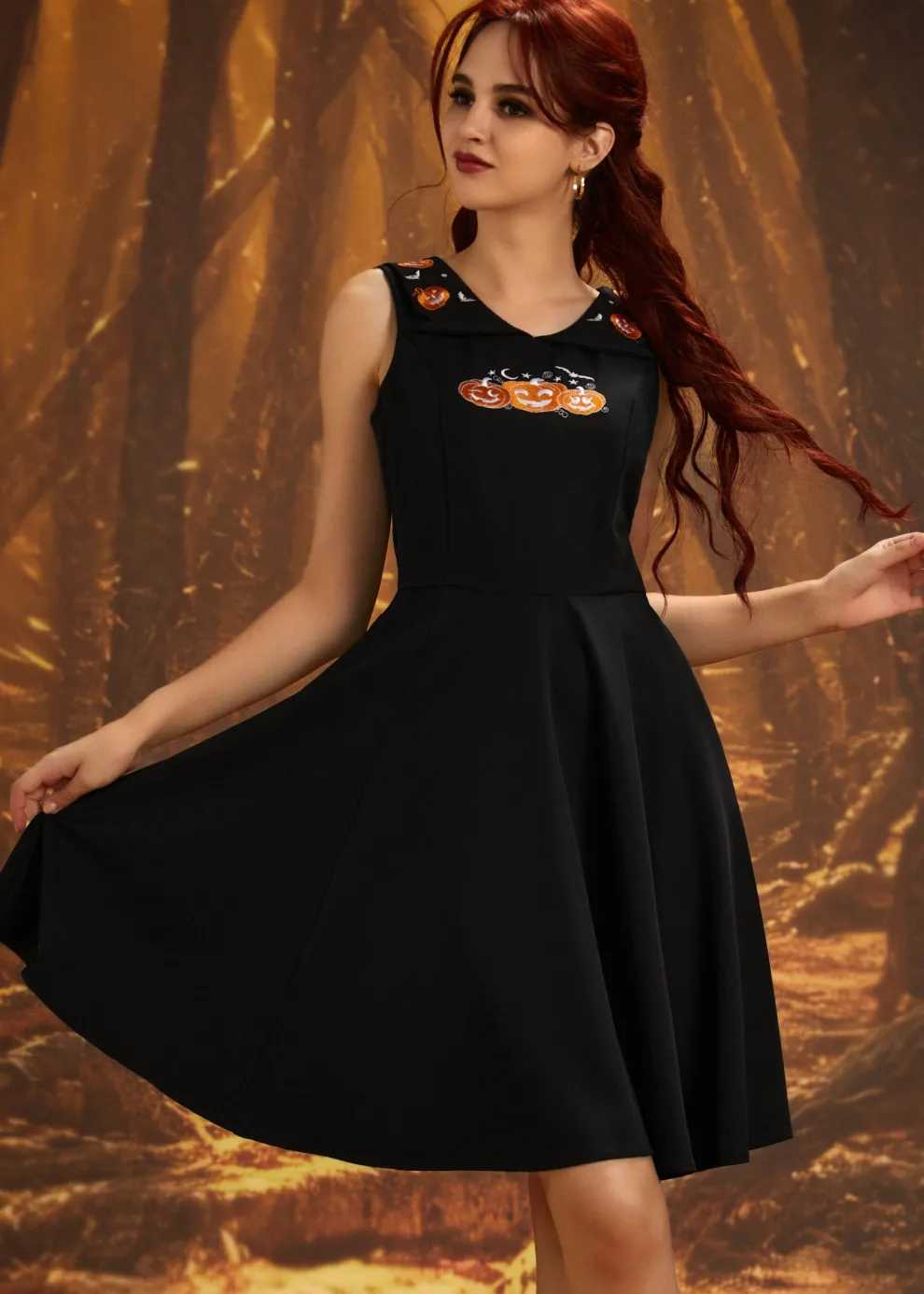 Halloween Pumpkin Embroidery Swing Dress