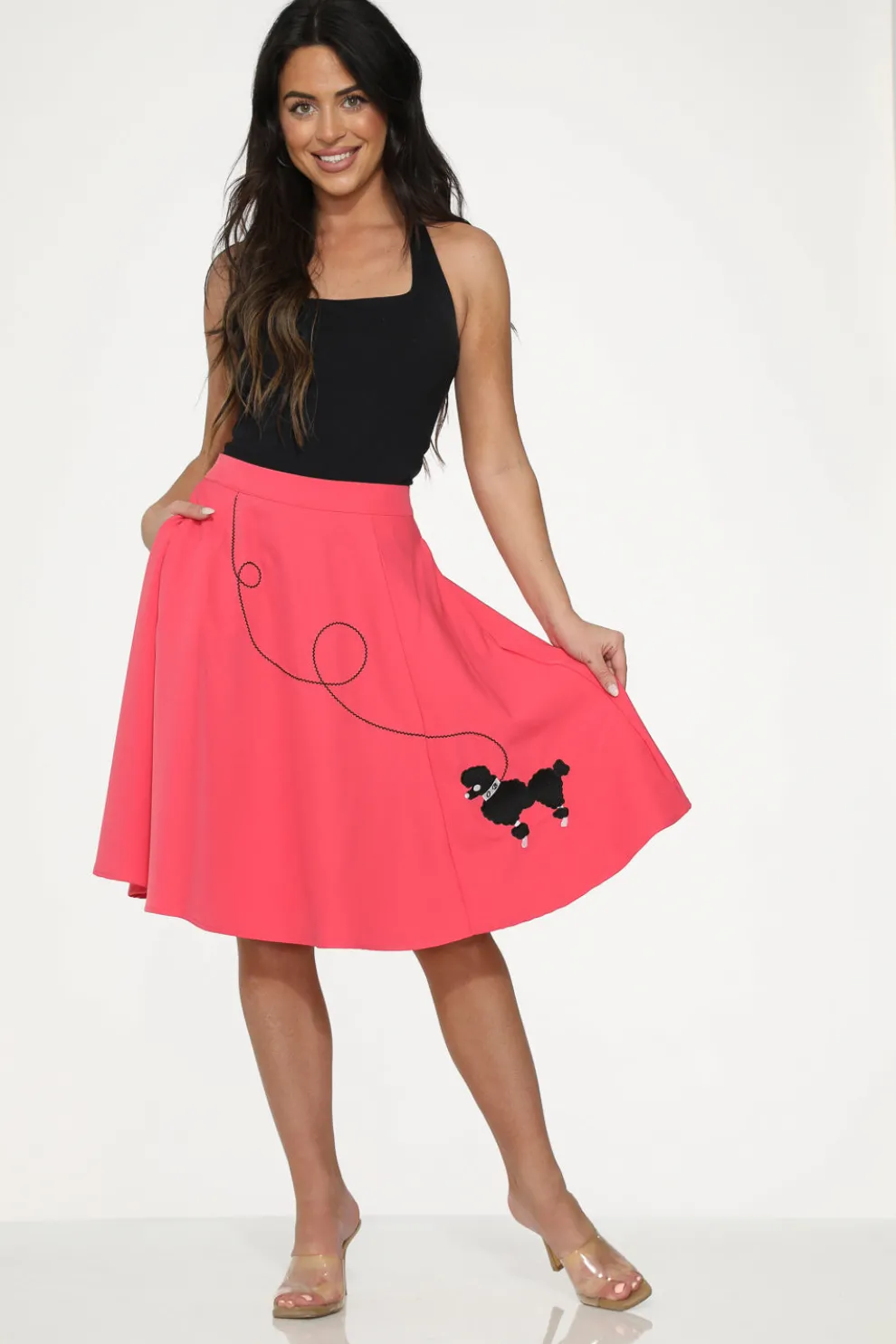 Hot Pink Black Embroidered Poodle Swing Skirt