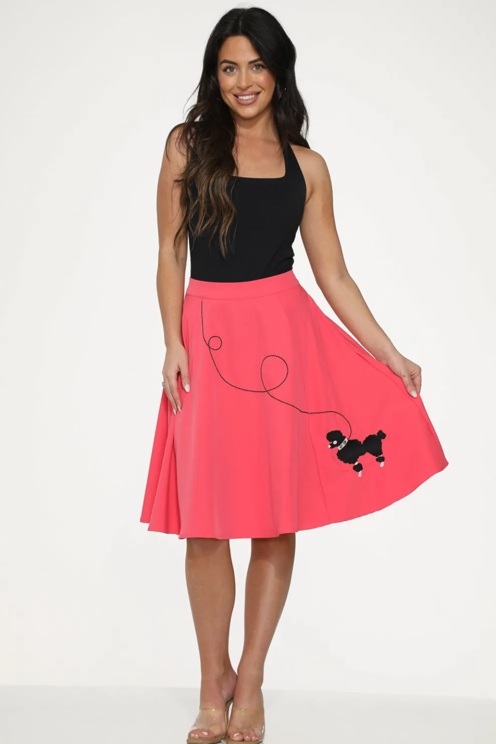 Hot Pink Black Embroidered Poodle Swing Skirt