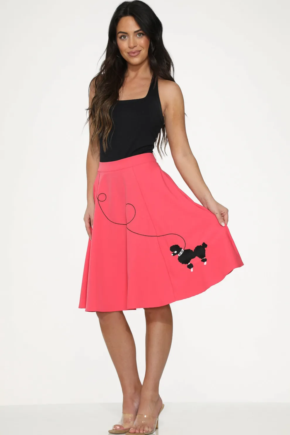 Hot Pink Black Embroidered Poodle Swing Skirt