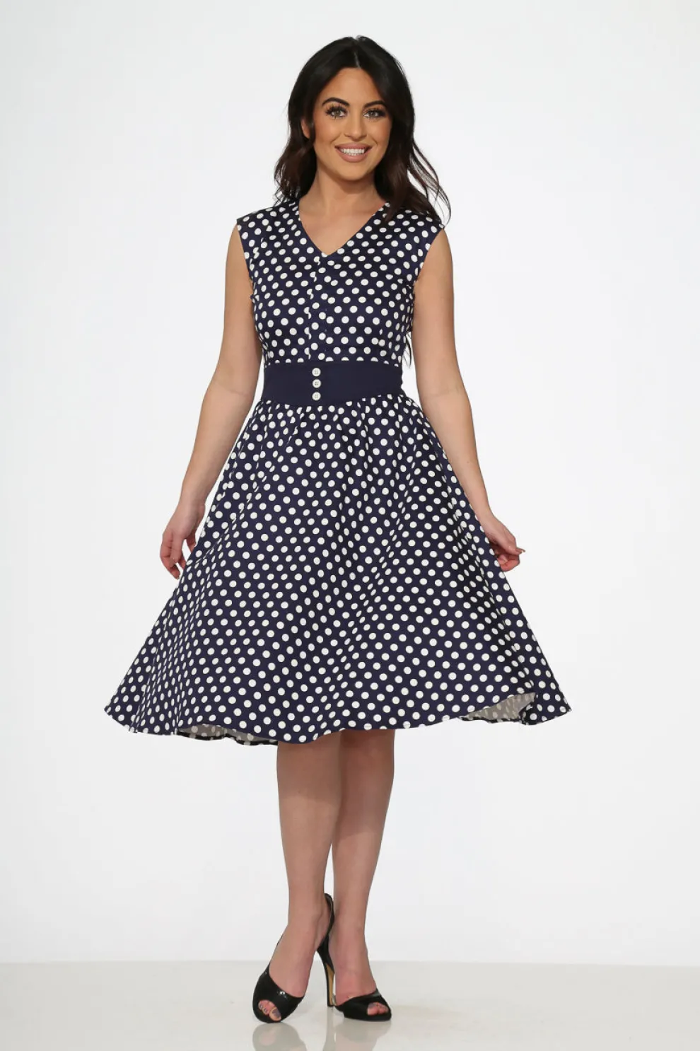 Navy Blue White Polka Dot Swing Dress