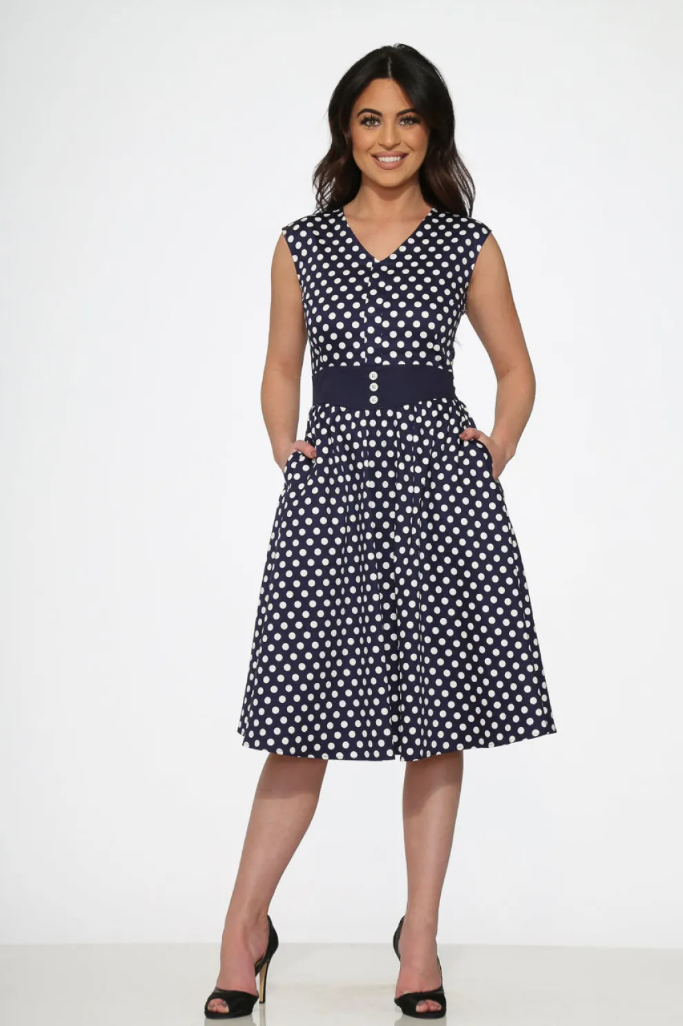 Navy Blue White Polka Dot Swing Dress
