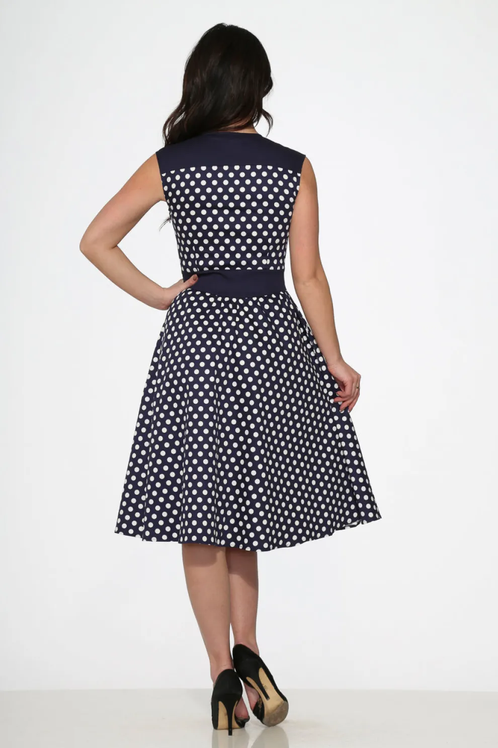 Navy Blue White Polka Dot Swing Dress