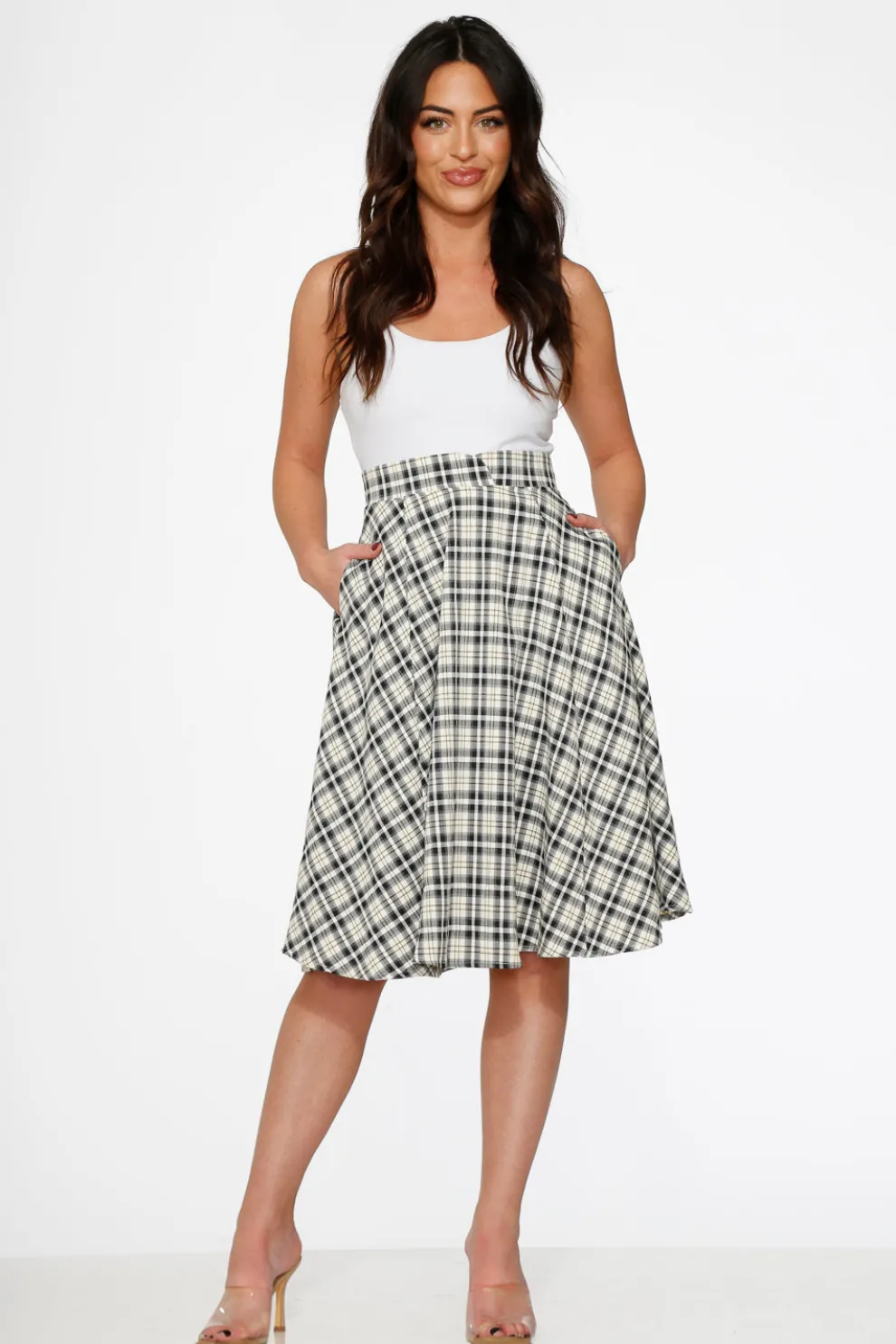 Off White Plaid Swing Skirt