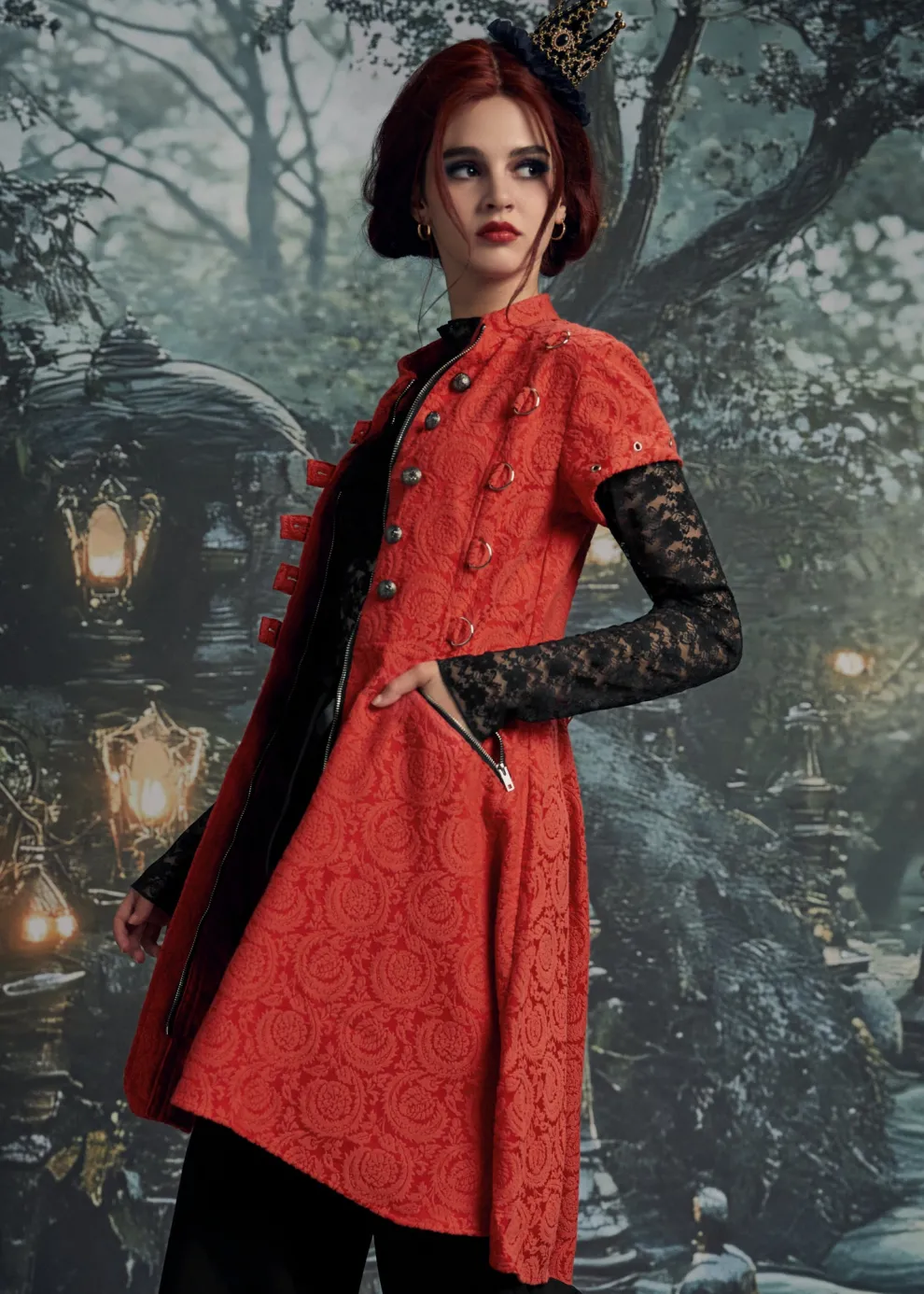 Red Jacquard Battalion Swing Dress
