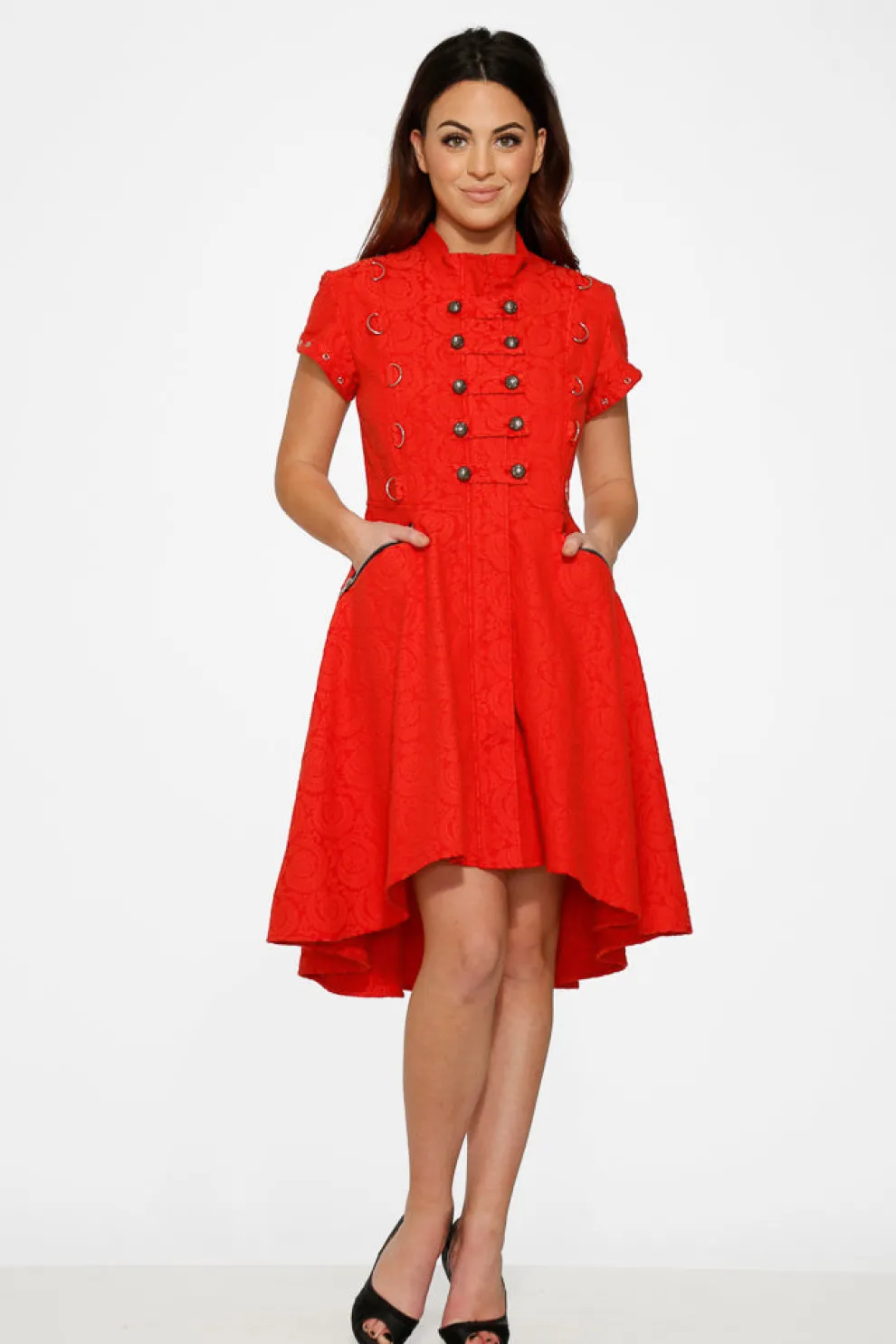 Red Jacquard Battalion Swing Dress