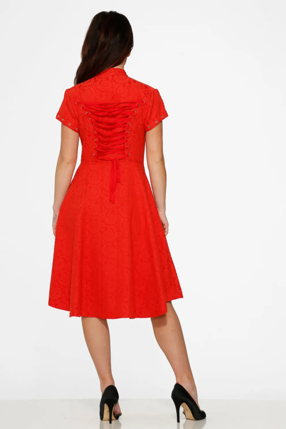 Red Jacquard Battalion Swing Dress