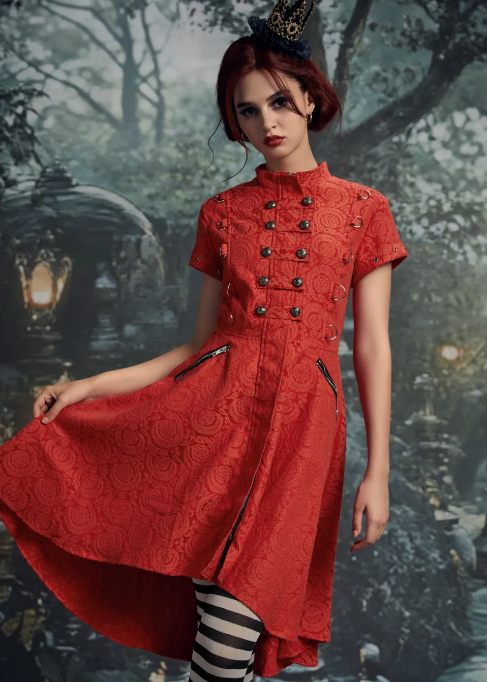 Red Jacquard Battalion Swing Dress