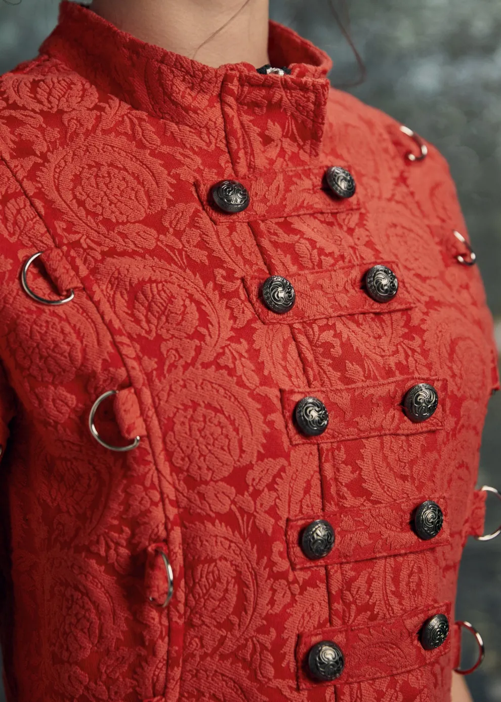 Red Jacquard Battalion Swing Dress