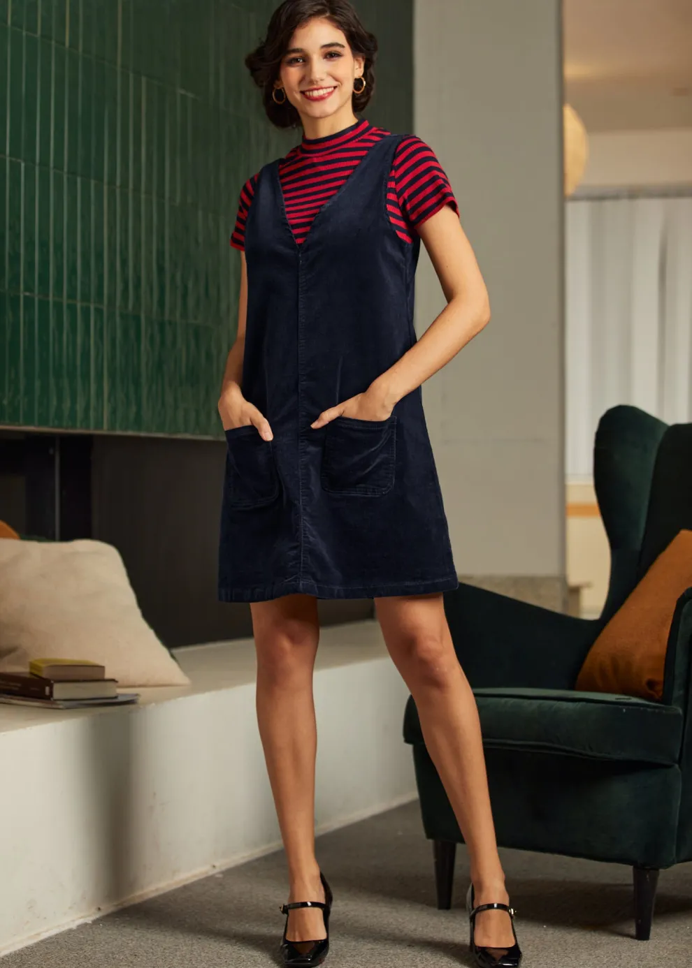 Retro Radiance V-Neck Corduroy Dress