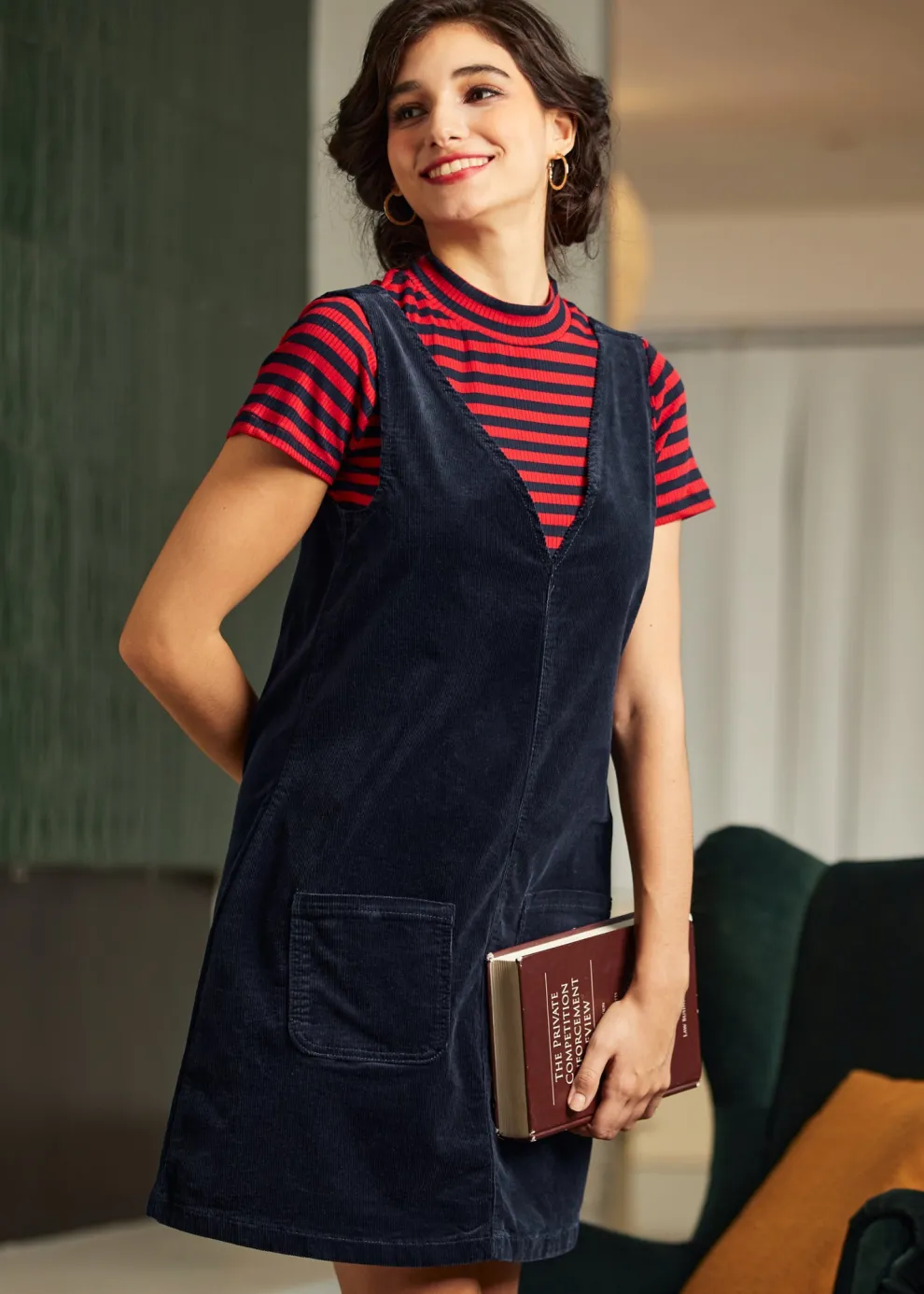 Retro Radiance V-Neck Corduroy Dress