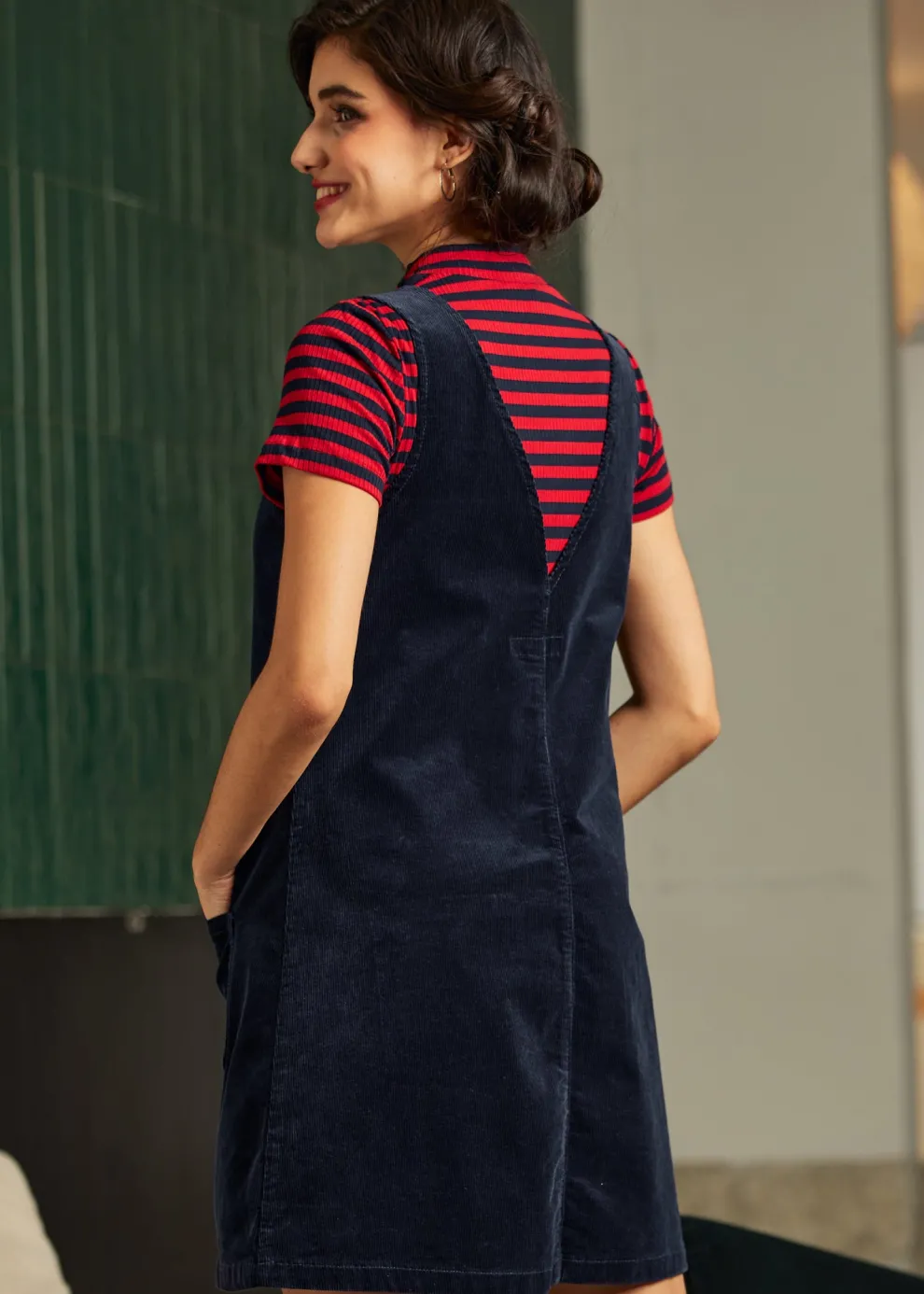 Retro Radiance V-Neck Corduroy Dress