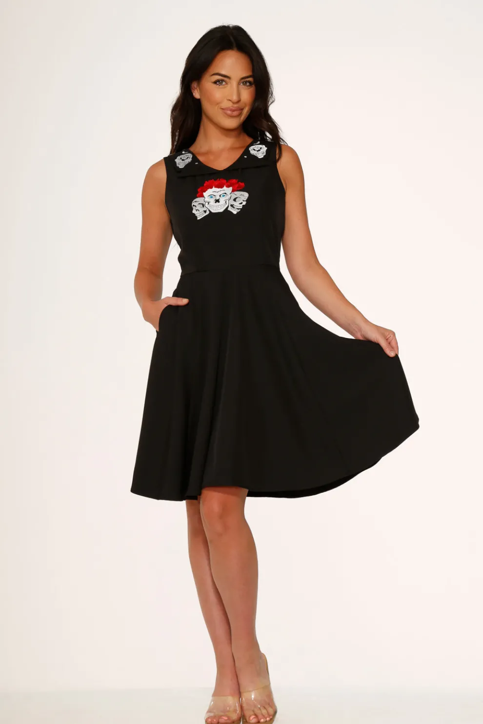 Rose Skulls Embroider Swing Dress