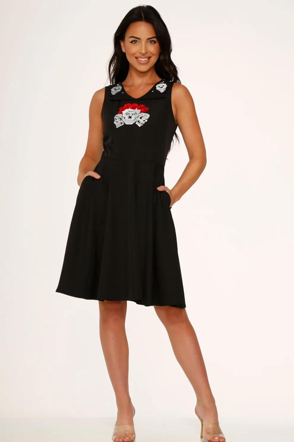 Rose Skulls Embroider Swing Dress