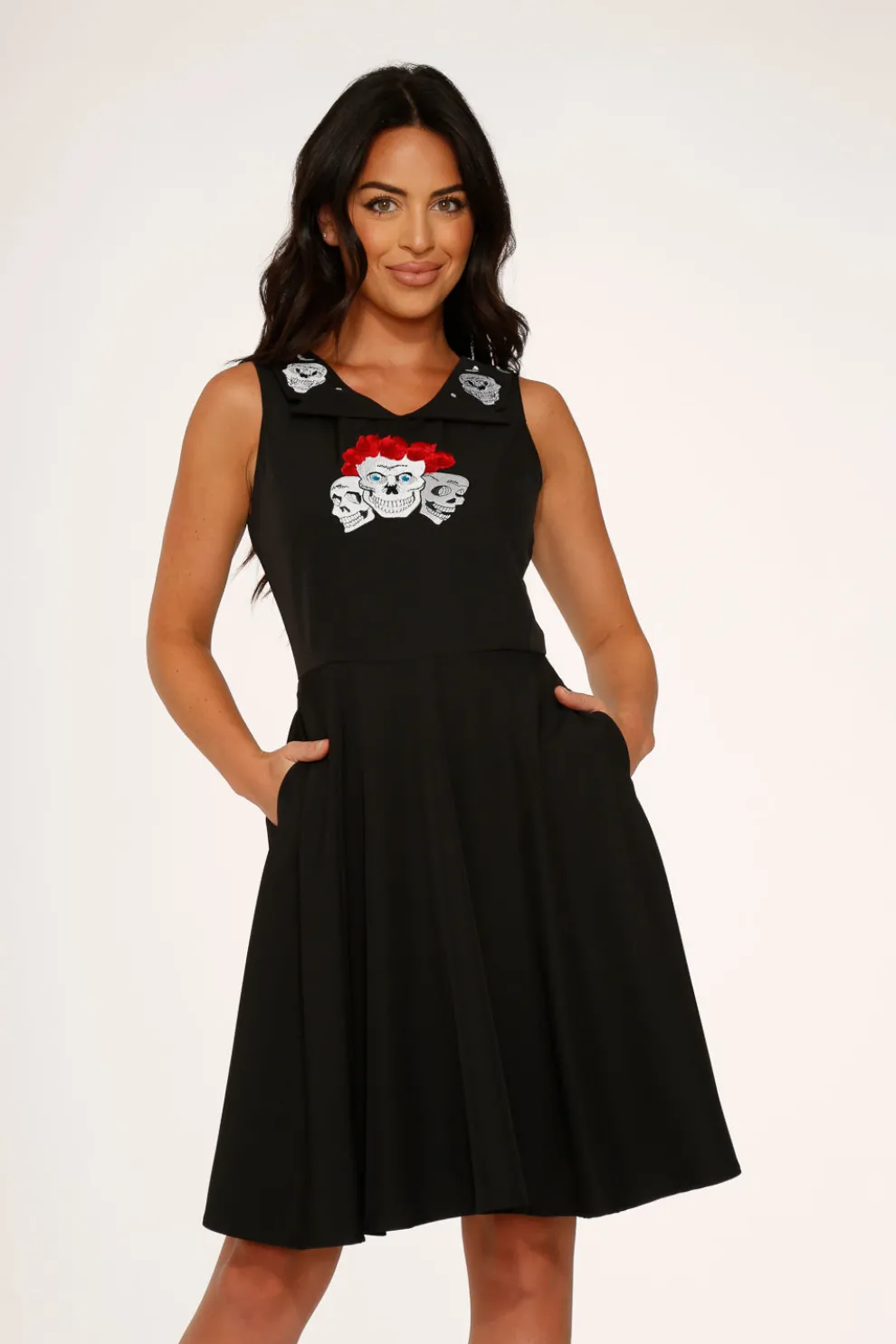 Rose Skulls Embroider Swing Dress