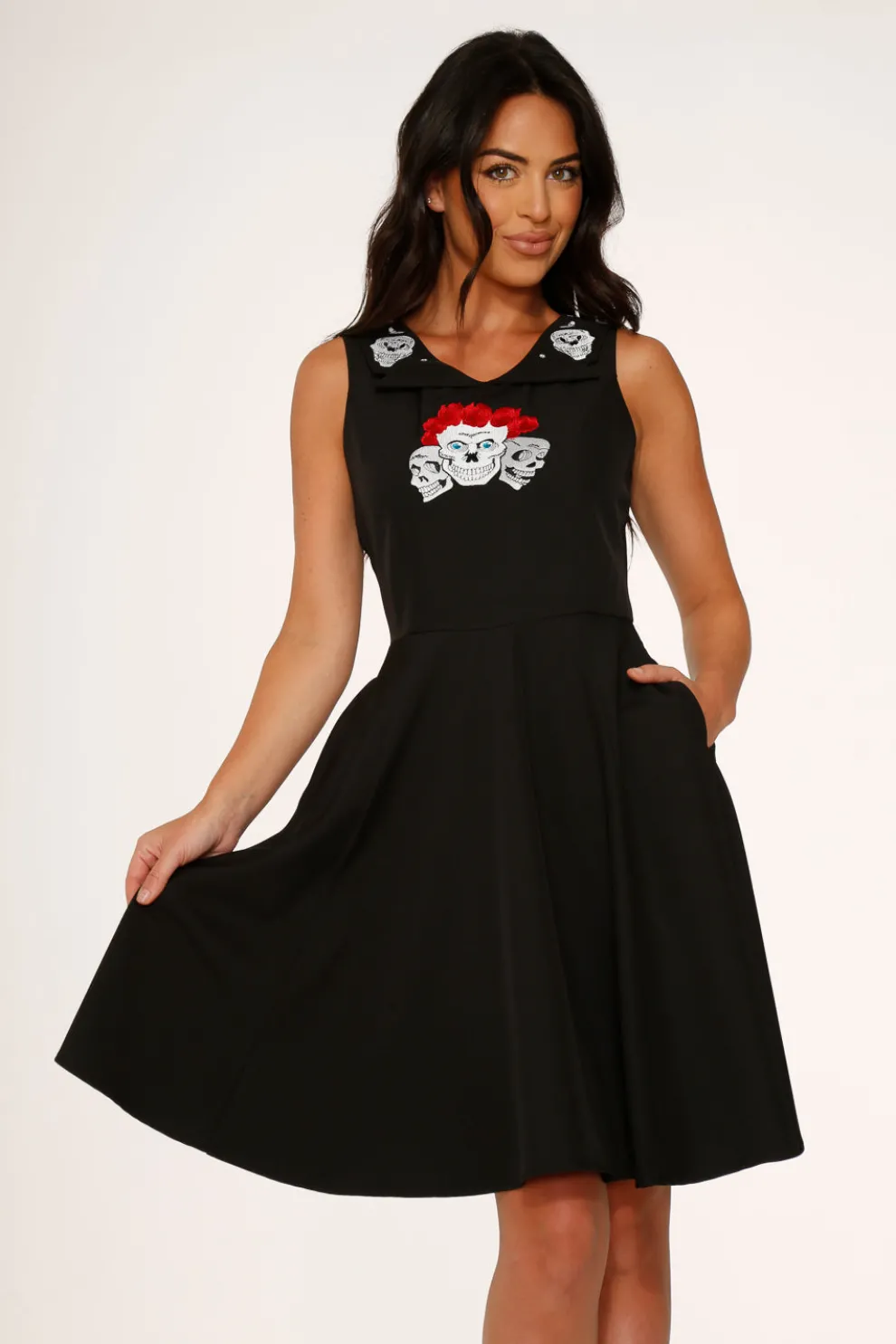 Rose Skulls Embroider Swing Dress
