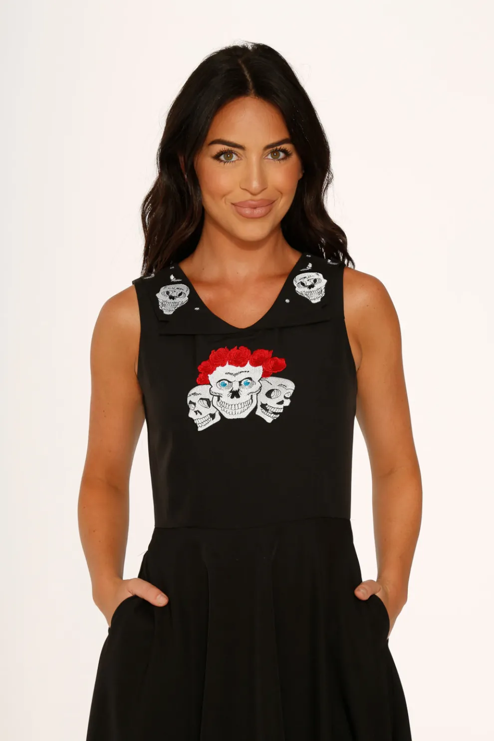 Rose Skulls Embroider Swing Dress