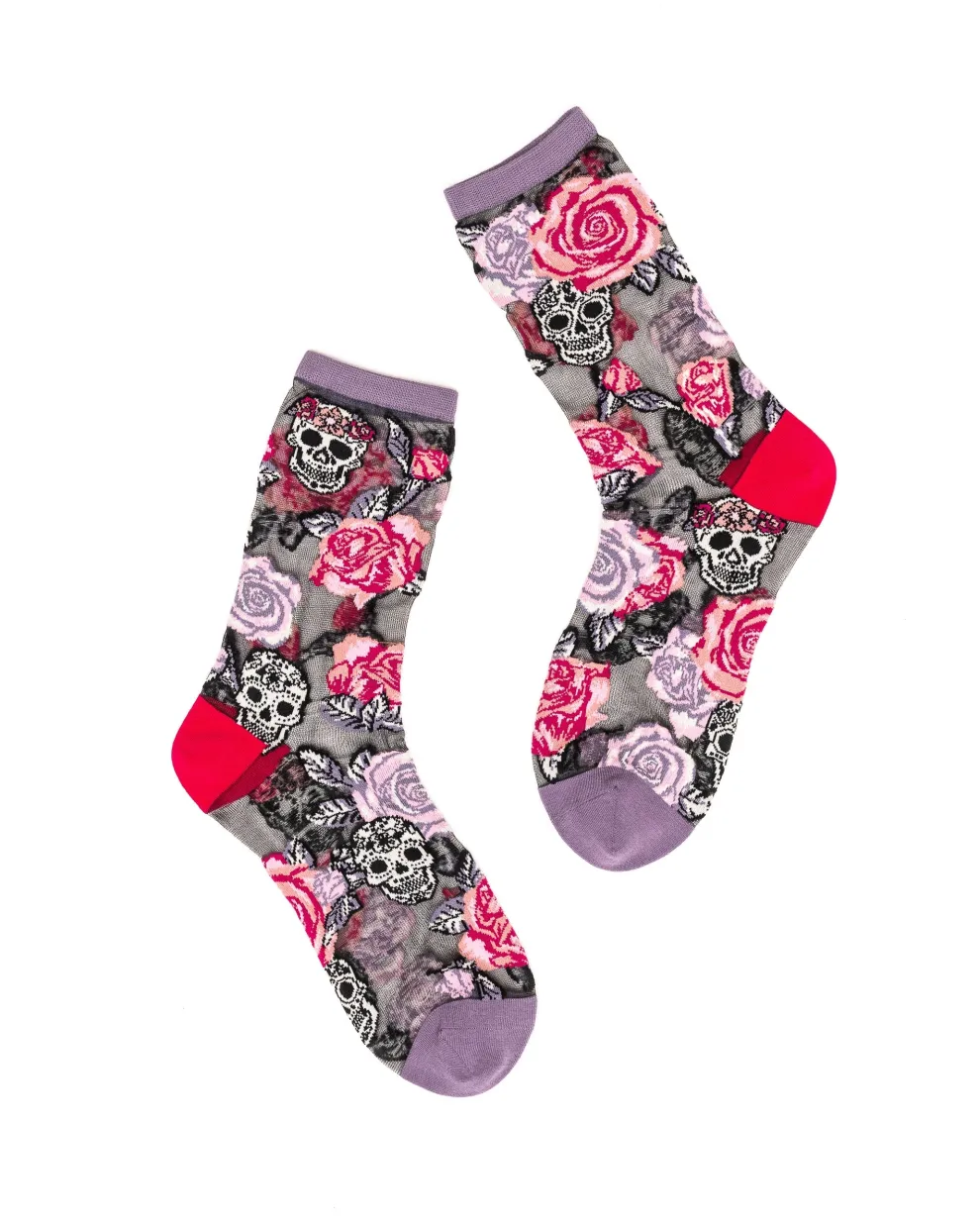 Skulls & Roses Black Sheer Crew Sock