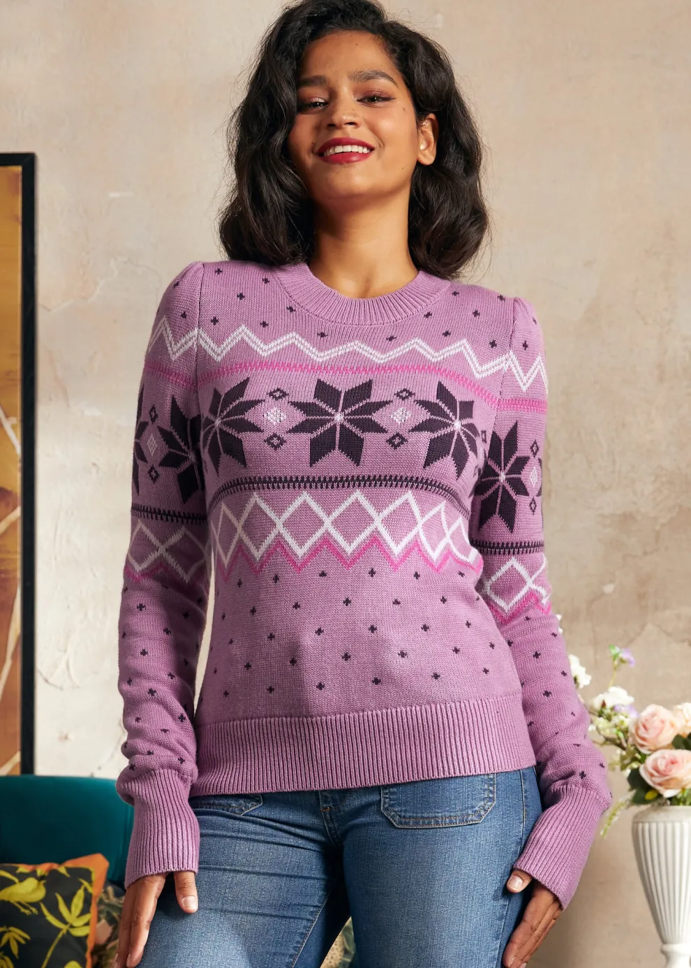 Whimsical Winter Puff Shoulder Sweater