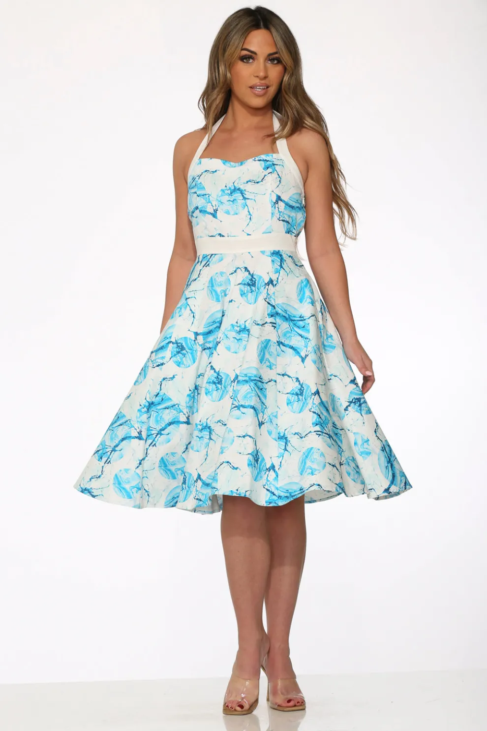 White & Blue Floral Halter Dress
