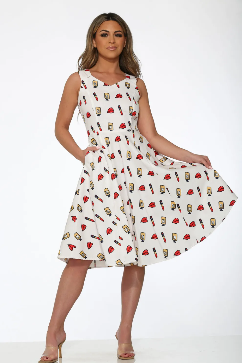 White Red Lipstick Swing Dress