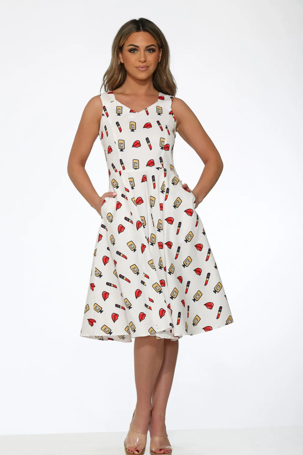 White Red Lipstick Swing Dress