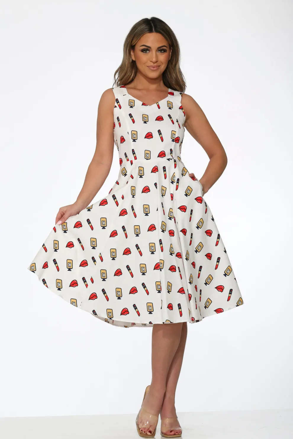 White Red Lipstick Swing Dress