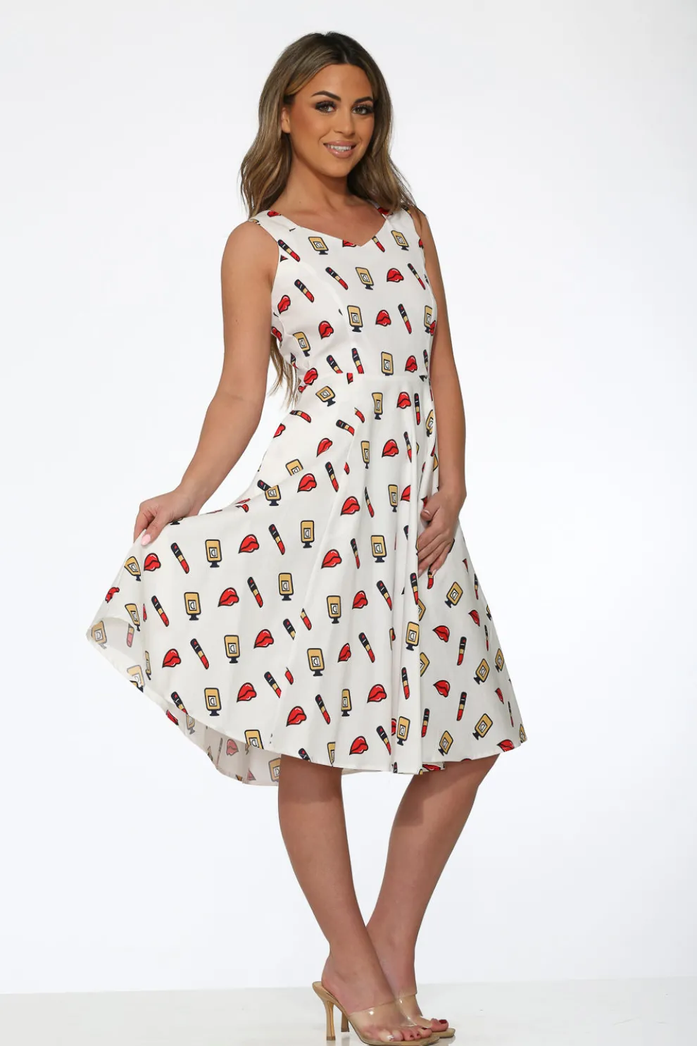 White Red Lipstick Swing Dress