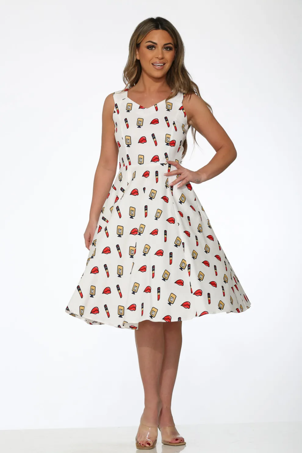 White Red Lipstick Swing Dress