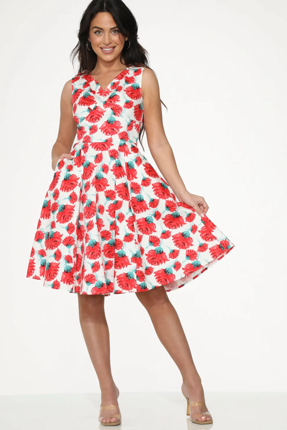 White Red Rose Swing Dress